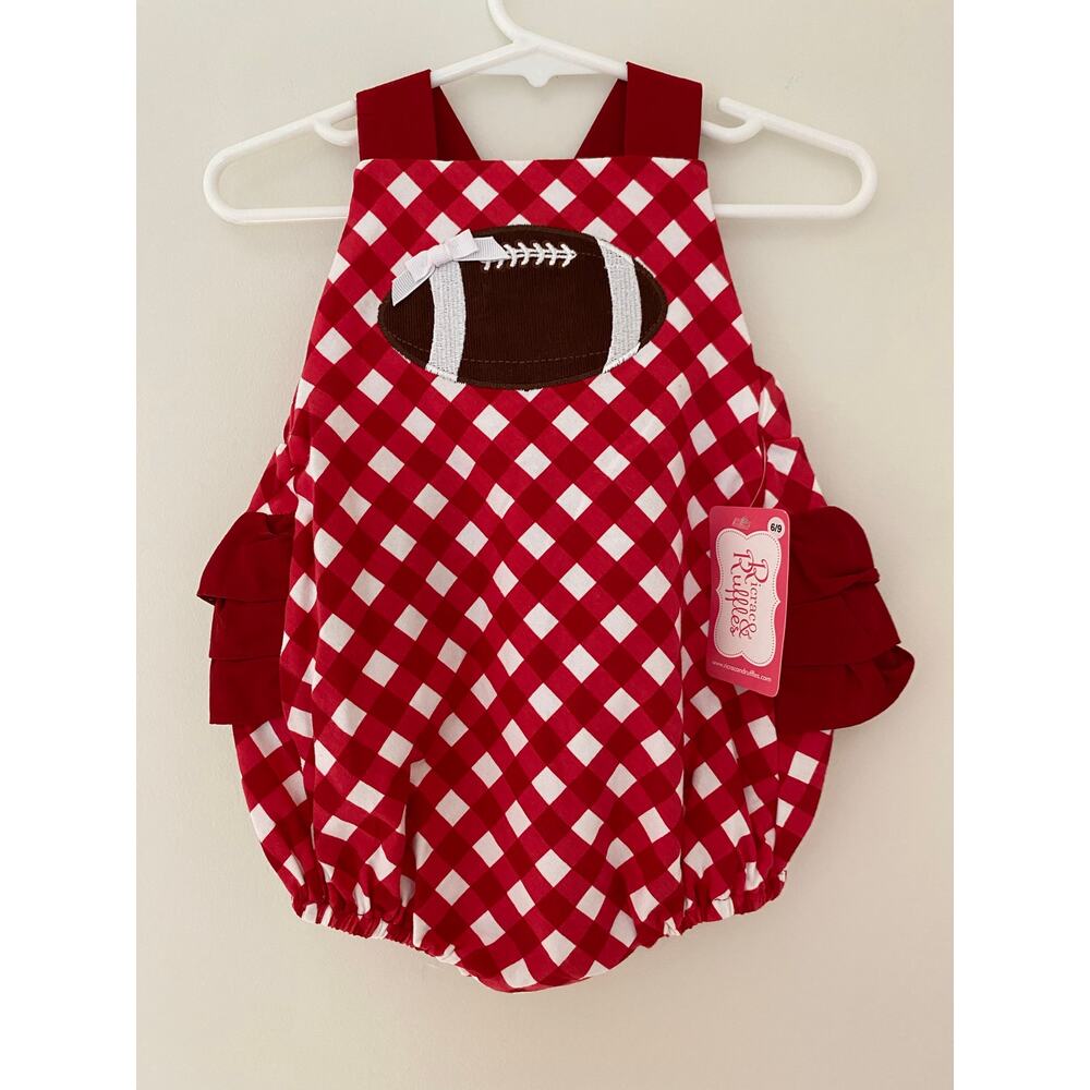NWT Red White Gingham Check Football Bow RicRac & Ruffle Butt Bubble 6-9 Month